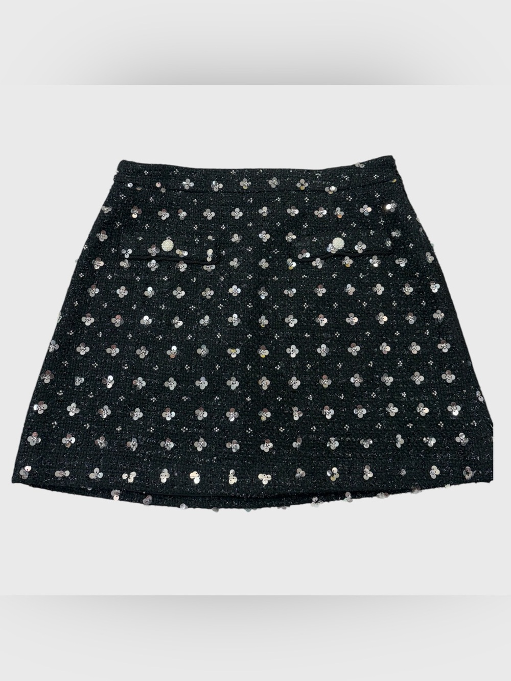 Dream Sister Jane Black Tweed Boucle Silver Floral Sequin Mini Skirt Size Large